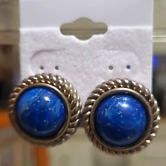 Earrings Clip Vintage Button Marine Blue Glitter Cabachon silver tone setting - Picture 4 of 4